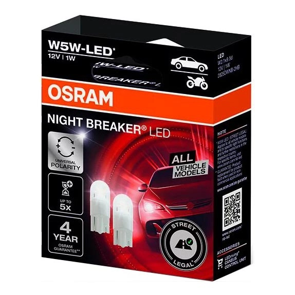 SET 2x LED Bilglödlampa NIGHT BREAKER W2.1×9.5d/1W/12V 5700K – Osram