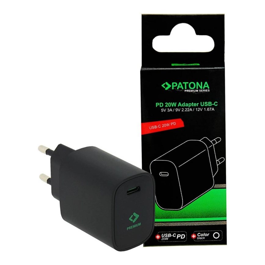 PATONA – Laddningsadapter USB-C Power delivery 20W/230V svart
