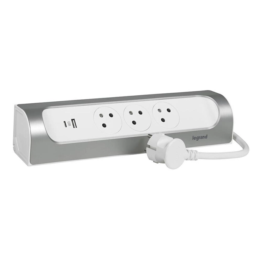 Legrand 049406 – Förlängningskabel med 3 uttag, Typ E, USB-A + USB-C, 1 m, silver/vit