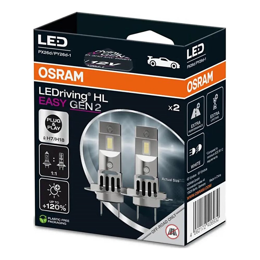 SET 2x LED-bilglödlampa EASY GEN H7 PX26d/16W/12V 6500K – Osram