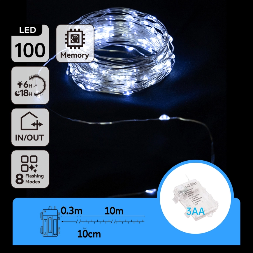 Aigostar – LED utomhusslinga 100xLED/8 funktioner/3xAA 10,3m IP44 kallvit