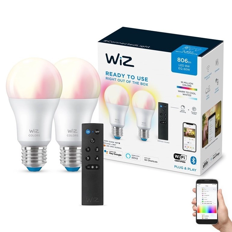 KIT 2x LED RGBW dimbar lampa A60 E27/8,5W/230V 2200-6500K Wi-Fi + fjärrkontroll – WiZ