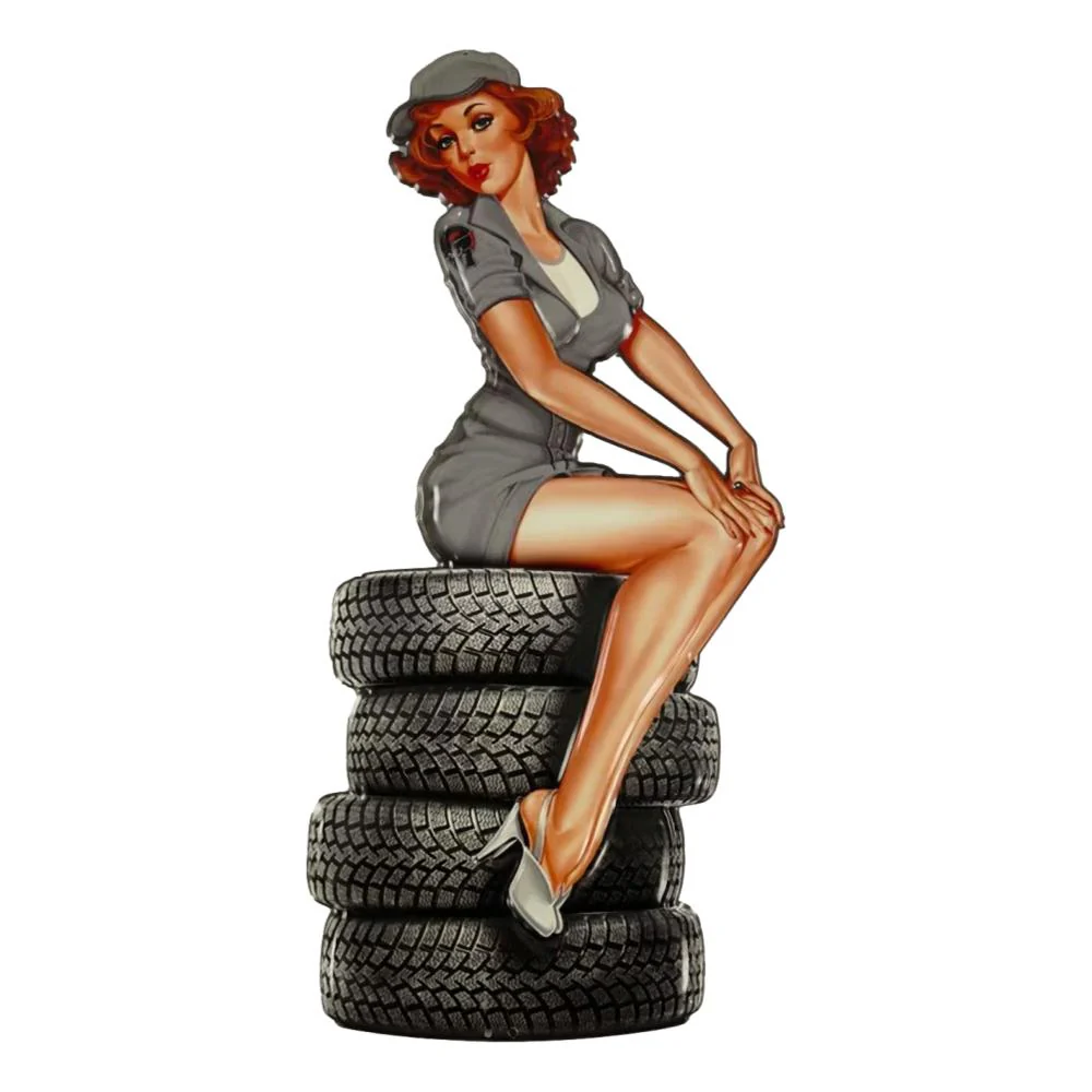 Retroworld Metal Sign Pinup Girl on Tire Stack – 59 x 28 cm