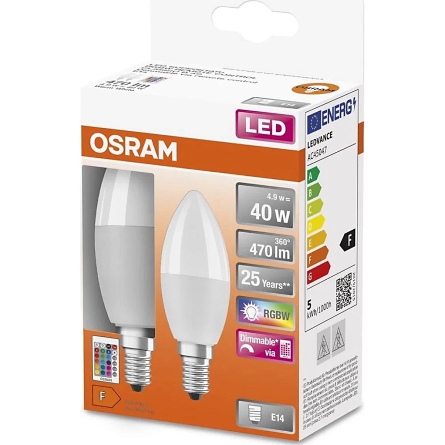 KIT 2x LED RGBW dimbar lampa B38 E14/4,9W/230V 2700K + fjärrkontroll – Osram