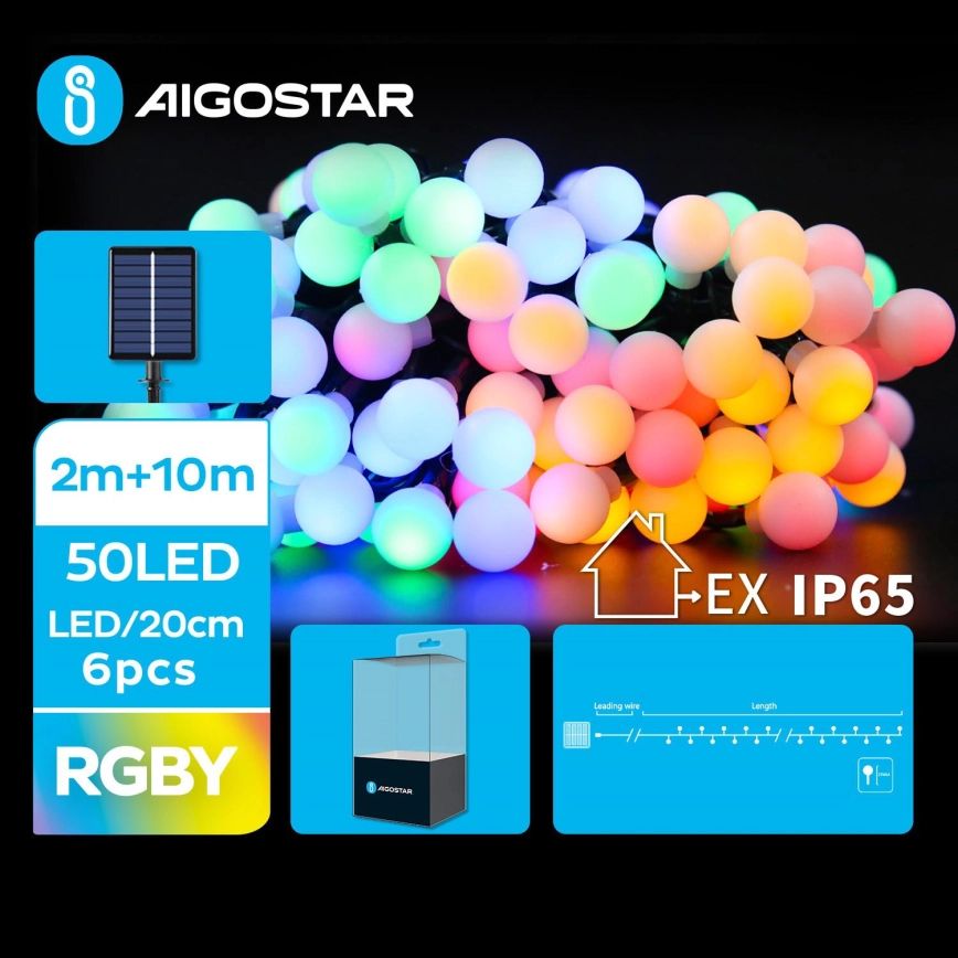 Aigostar – LED Solar Dekorativ slinga 50xLED/8 funktioner 12m IP65 Flerfärgad