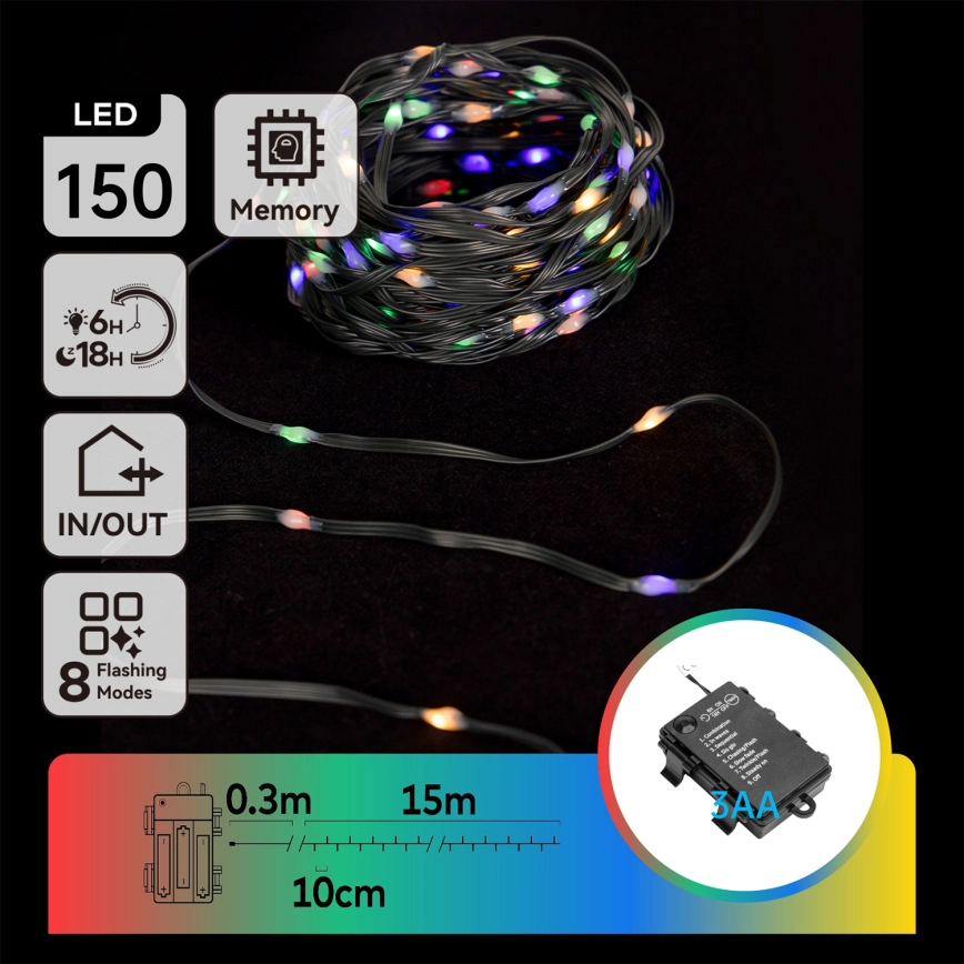 Aigostar – LED-ljusslinga för utomhusbruk 150xLED/8 funktioner 3xAA 15,3m IP44 flerfärgad