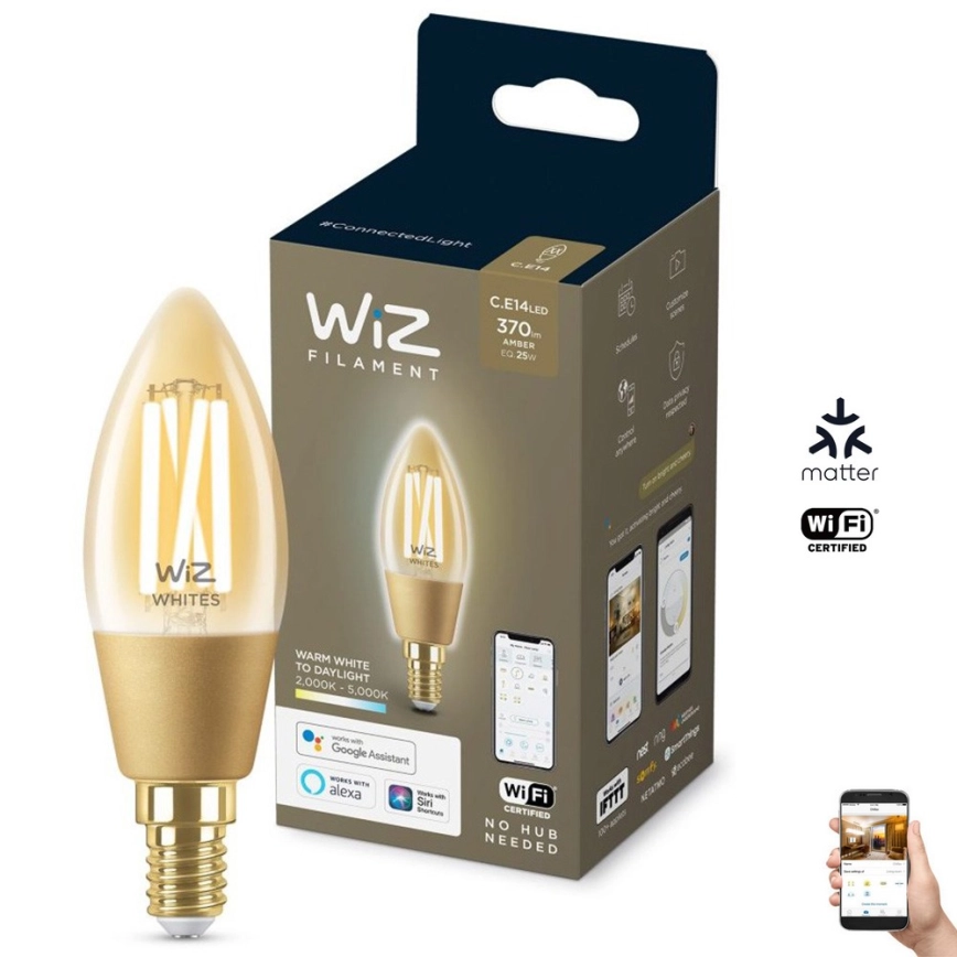 LED Dimbar glödlampa VINTAGE FILAMENT C35 E14/4,9W/230V 2000-5000K CRI 90 Wi-Fi – WiZ