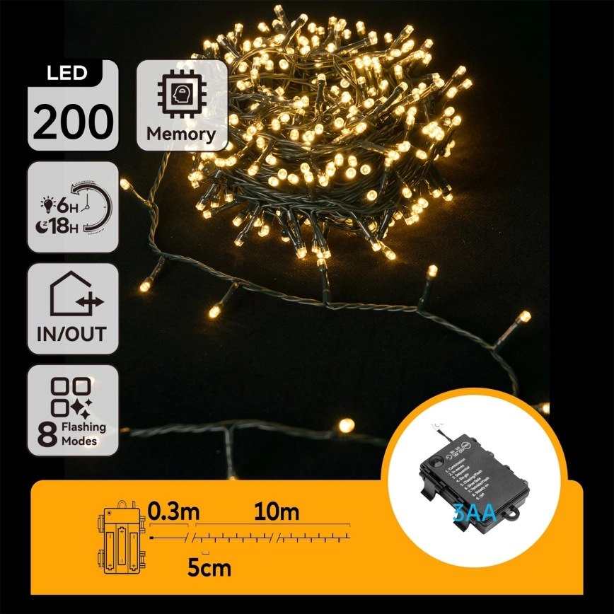 Aigostar – LED-ljusslinga för utomhusbruk 200 LED/8 funktioner 3xAA 10,3 m IP44 varmvit