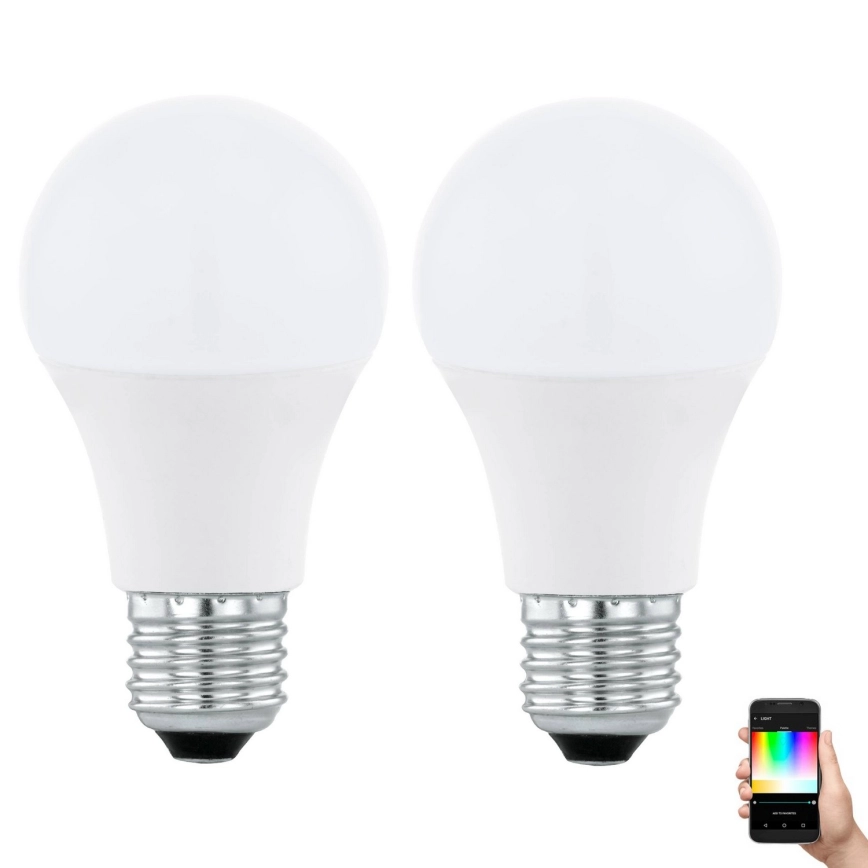 KIT 2xLED RGBW Ljusreglerad glödlampa A60 E27/9W/230V 2700-6500K + +Fjärrkontrol – Eglo 11587