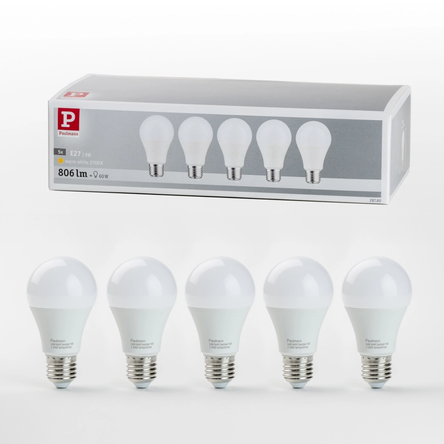 KIT 5x LED glödlampa A60 E27/9W/230V 2700K – Paulmann 28780
