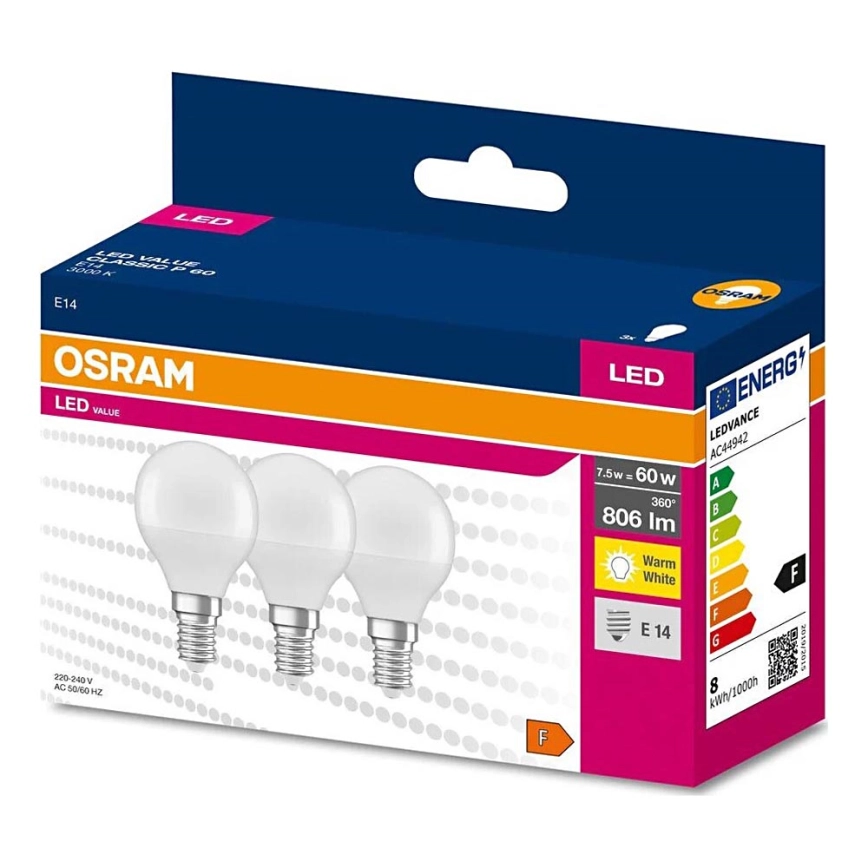 KIT 3x LED glödlampa P45 E14/7,5W/230V 3000K – Osram