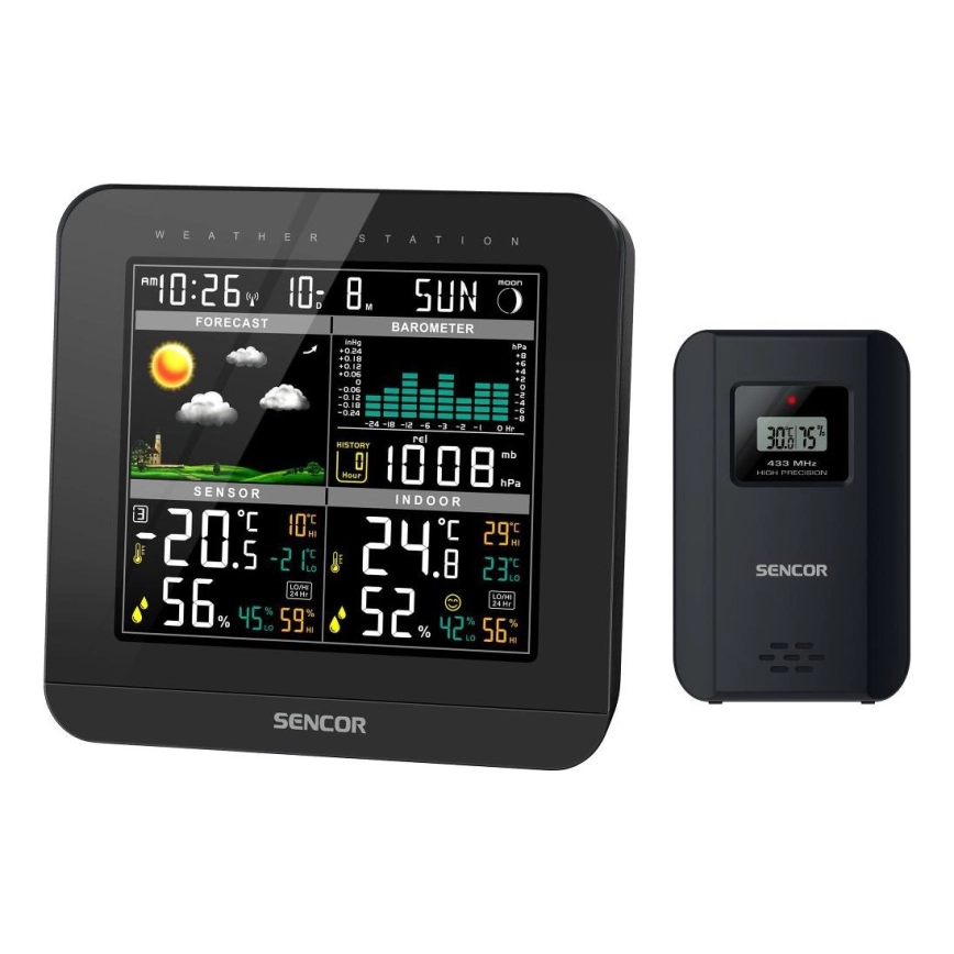 Sencor – Väderstation med LCD-skärm i färg och väckarklocka 3xAAA + 2x AA svart