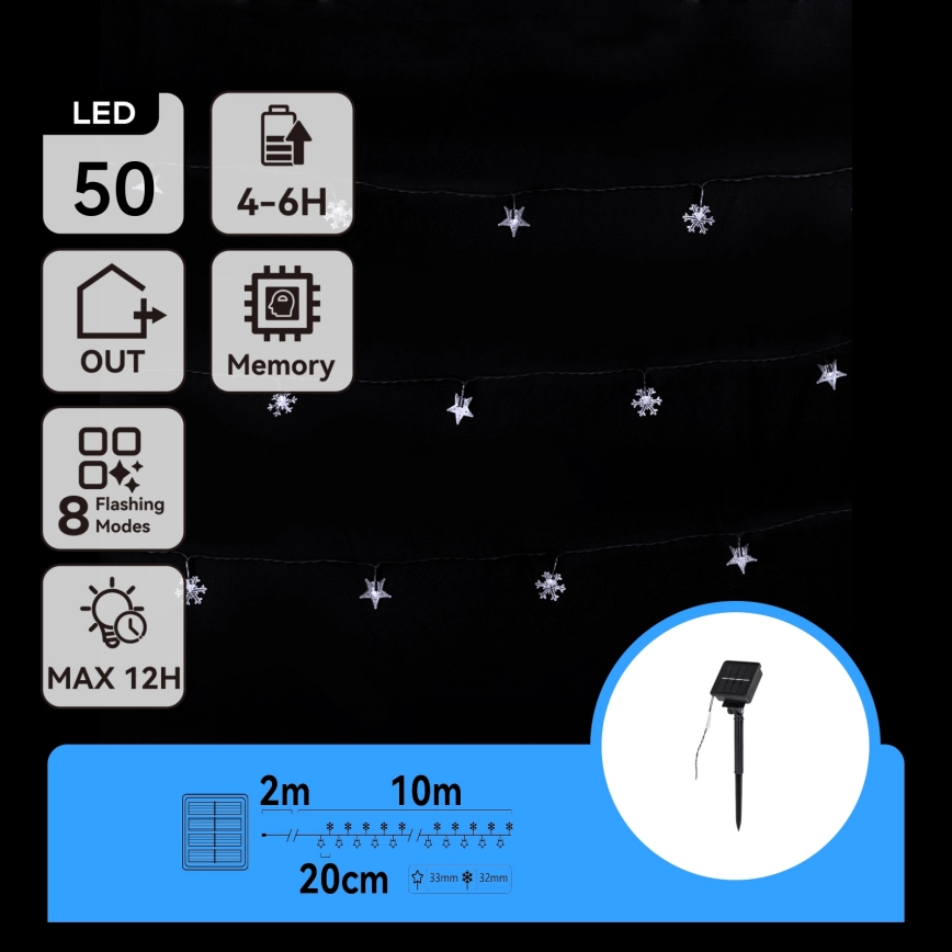 Aigostar – LED solcellsljusslinga 50xLED/8 funktioner 12 m IP65 800 mAh kallvit