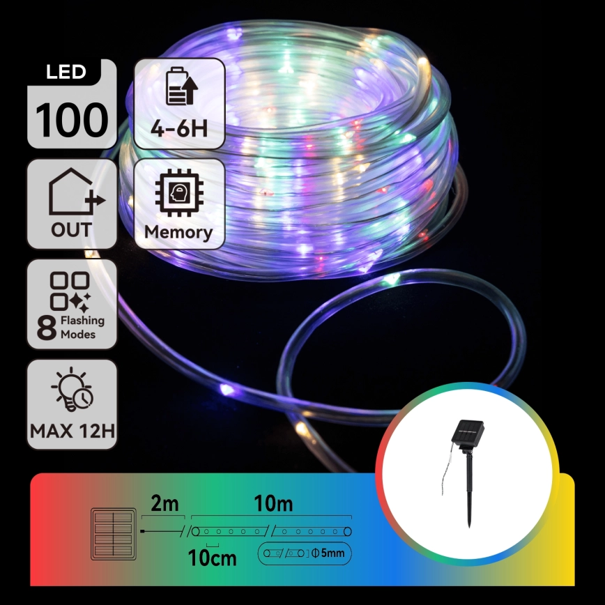 Aigostar – LED-slinga med solcell, 100 LED, 8 funktioner, 12 m, IP65, 800 mAh, flerfärgad