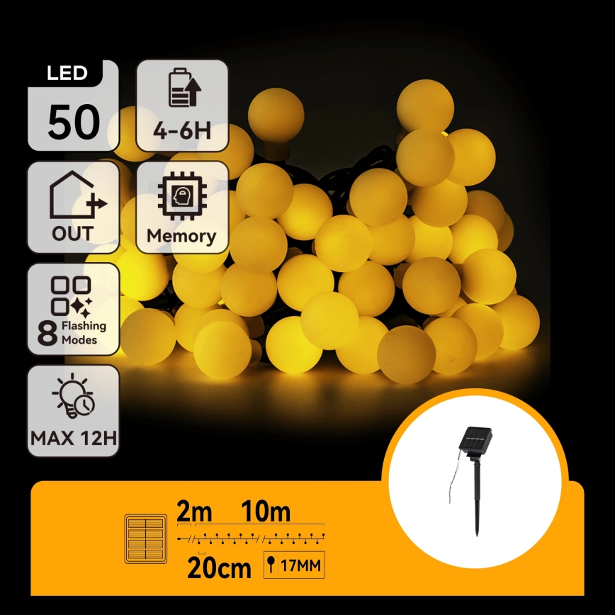 Aigostar – LED solcellsljusslinga 50xLED/8 funktioner 12m 800 mAh IP65 varmvit