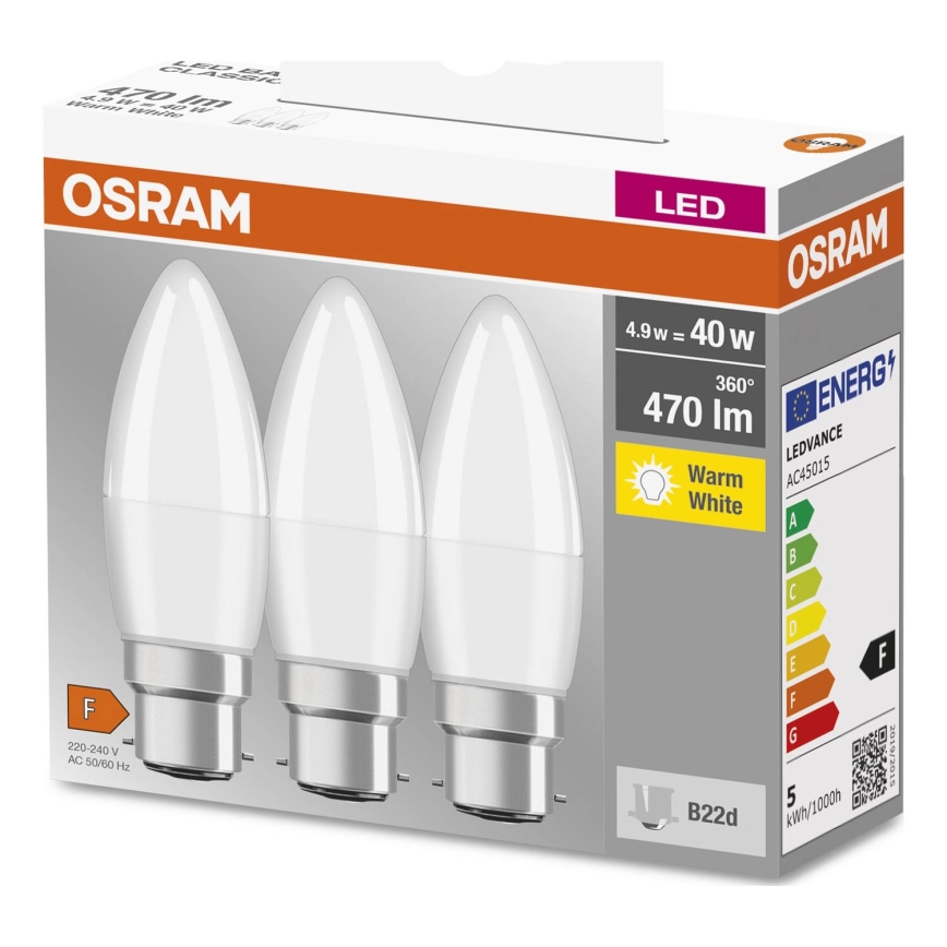 KIT 3x LED glödlampa B38 B22d/4,9W/230V 3000K – Osram
