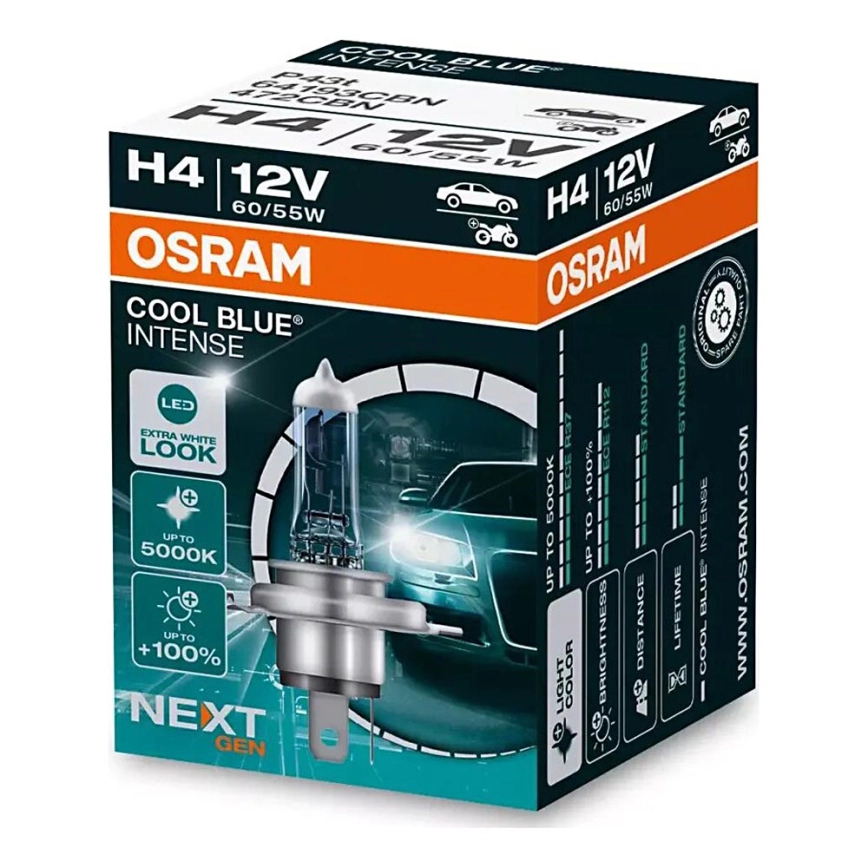SET 2x Bilglödlampa COOL BLUE H4 P43t/60/55W/12V 5000K – Osram