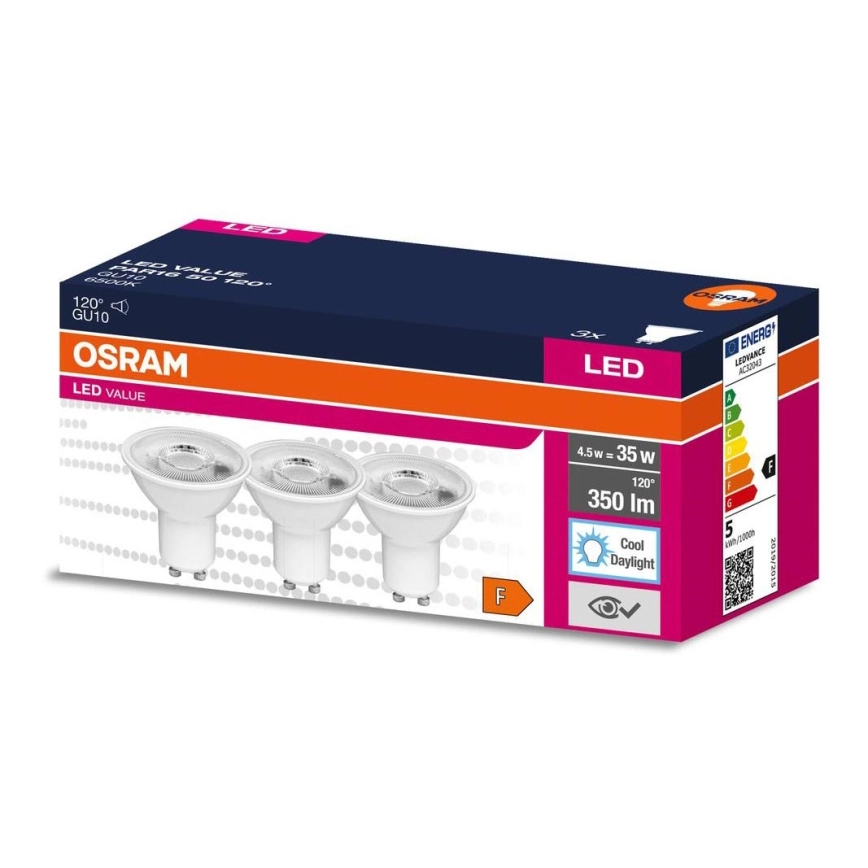 KIT 3x LED glödlampa PAR16 GU10/4,5W/230V 6500K 120° – Osram