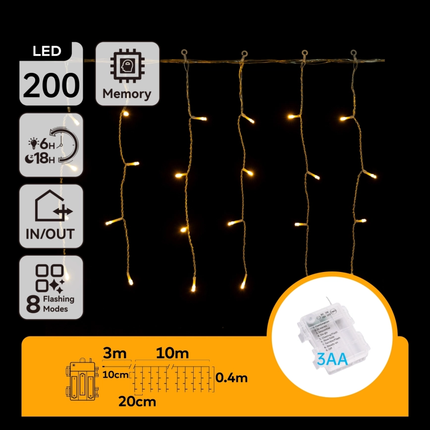 Aigostar – LED-slinga för utomhusbruk 200xLED/8 funktioner 13×0,4m IP44 varmvit