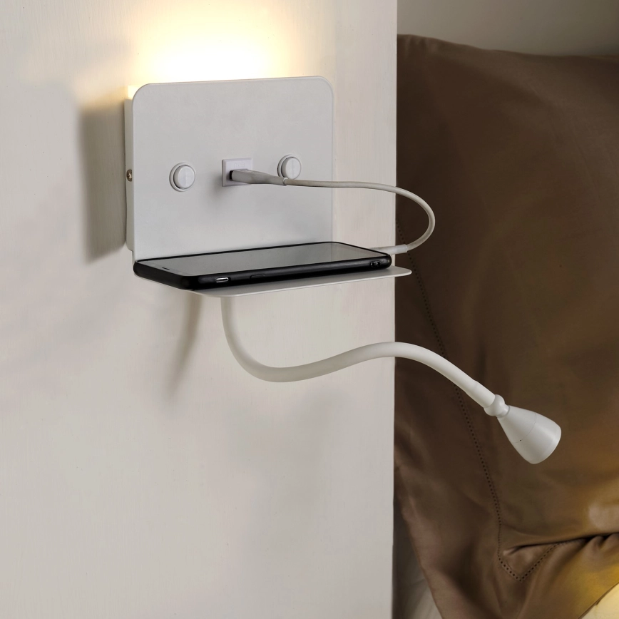 ONLI – LED Flexibel små lampor med en hylla och USB laddar PLAK LED/1W/230V vit