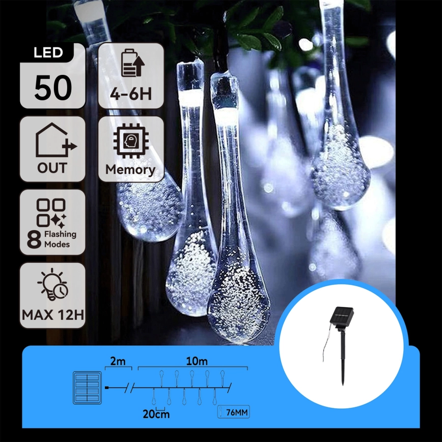 Aigostar – LED solcellsljusslinga 50xLED/8 funktioner 12m IP65 kallvit 800 mAh