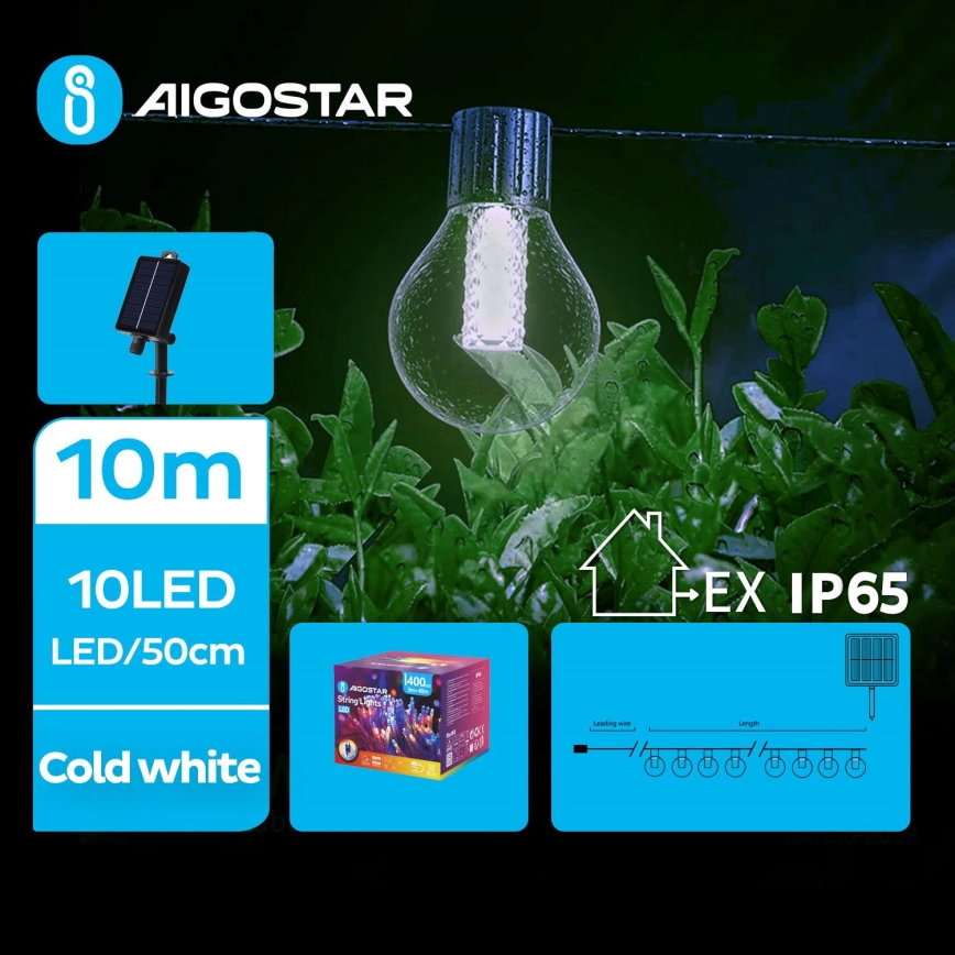 Aigostar – LED solcellsljusslinga 10xLED/8 funktioner 10,5m IP65 kallvit 1200 mAh