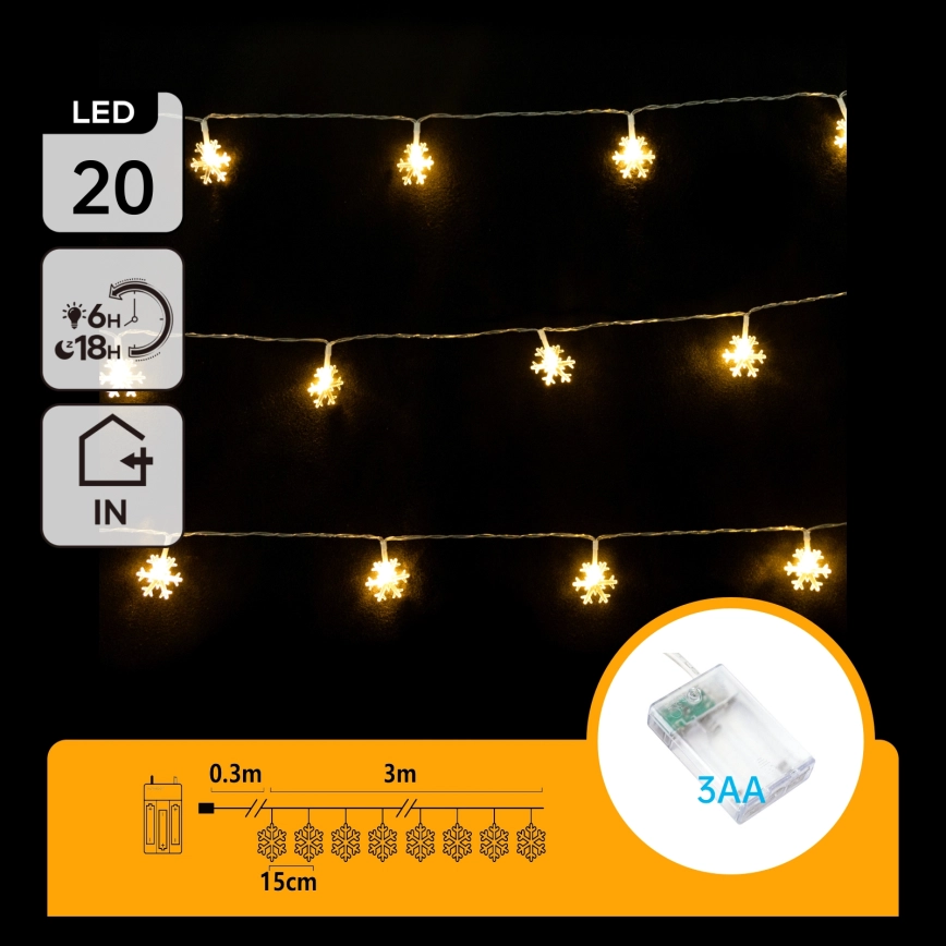 Aigostar – LED-ljusslinga 20xLED/3xAA 3,3 m snöflingor