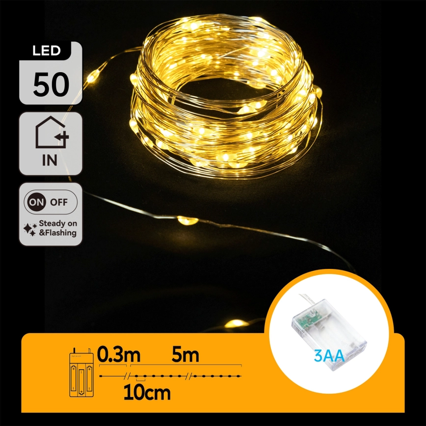 Aigostar – LED ljusslinga 50xLED/3xAA 5,3m varmvit