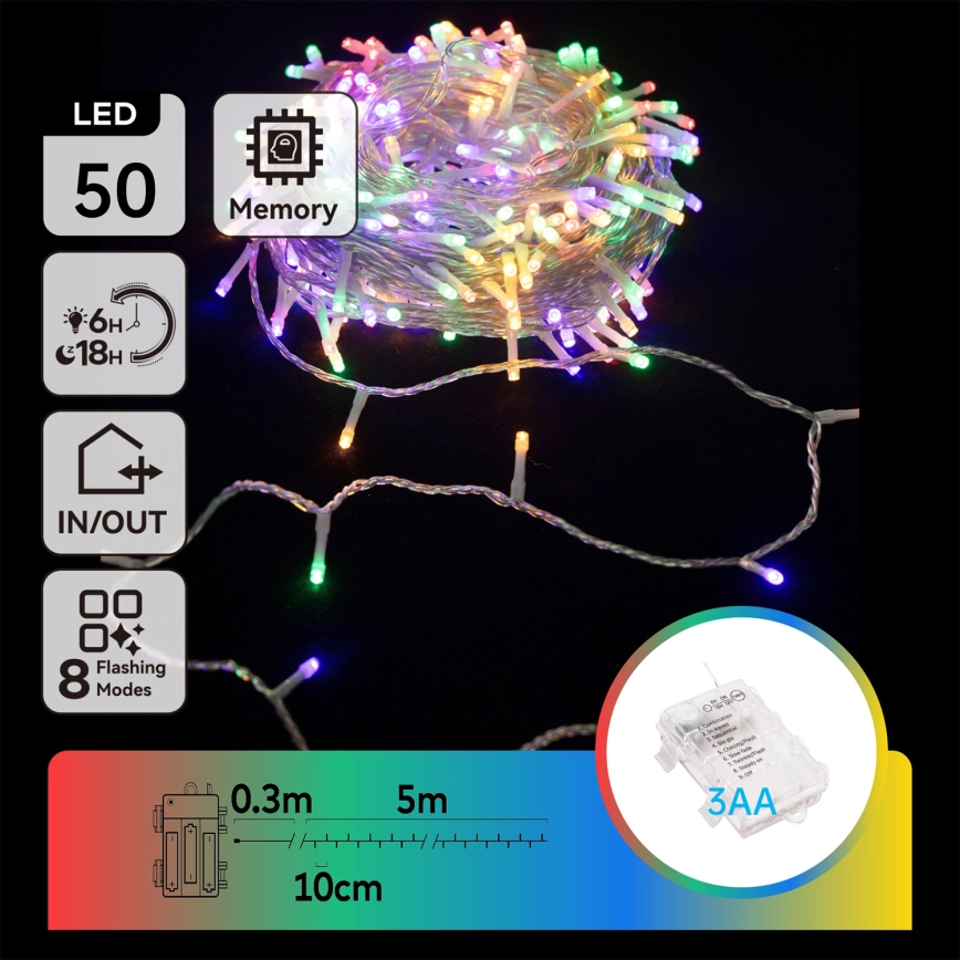 Aigostar – LED utomhusslinga 50 LED / 8 funktioner, 3xAA, 5,3 m, IP44, flerfärgad