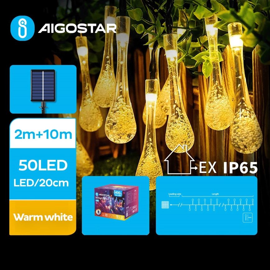 Aigostar – LED solcellsljusslinga 50xLED/8 funktioner 12m IP65 varmvit 800 mAh