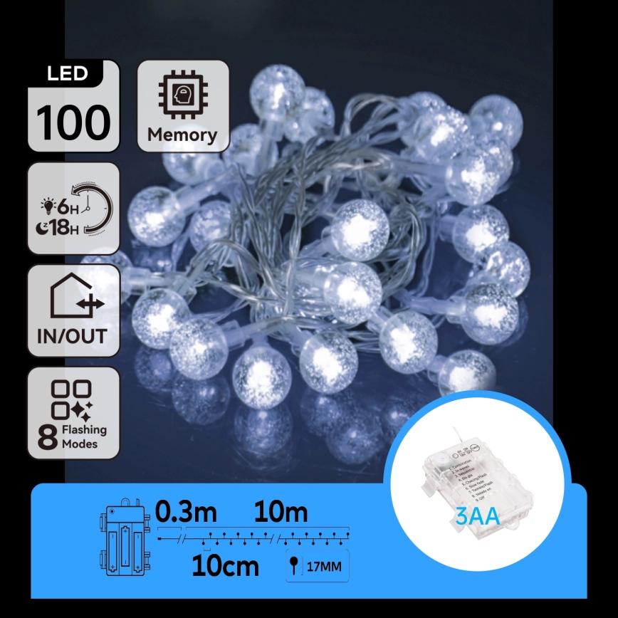 Aigostar – LED utomhusslinga 100xLED/3xAA/8 funktioner 10,3 m IP44 kallvit