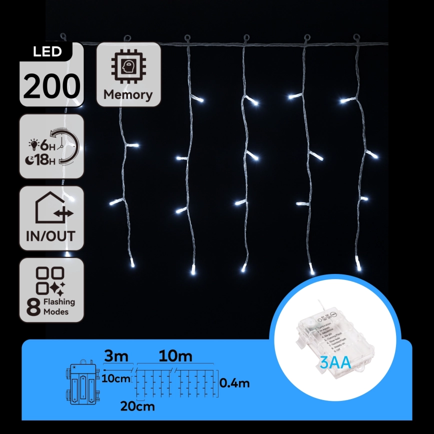 Aigostar – LED utomhusslinga 200xLED/8 funktioner 13×0,4m IP44 kallvit