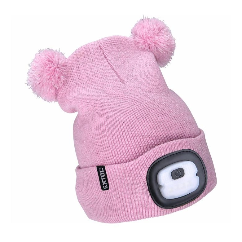 Extol – Barnmössa med pannlampa och USB-uppladdning 250 mAh, rosa med pom-poms, barnstorlek
