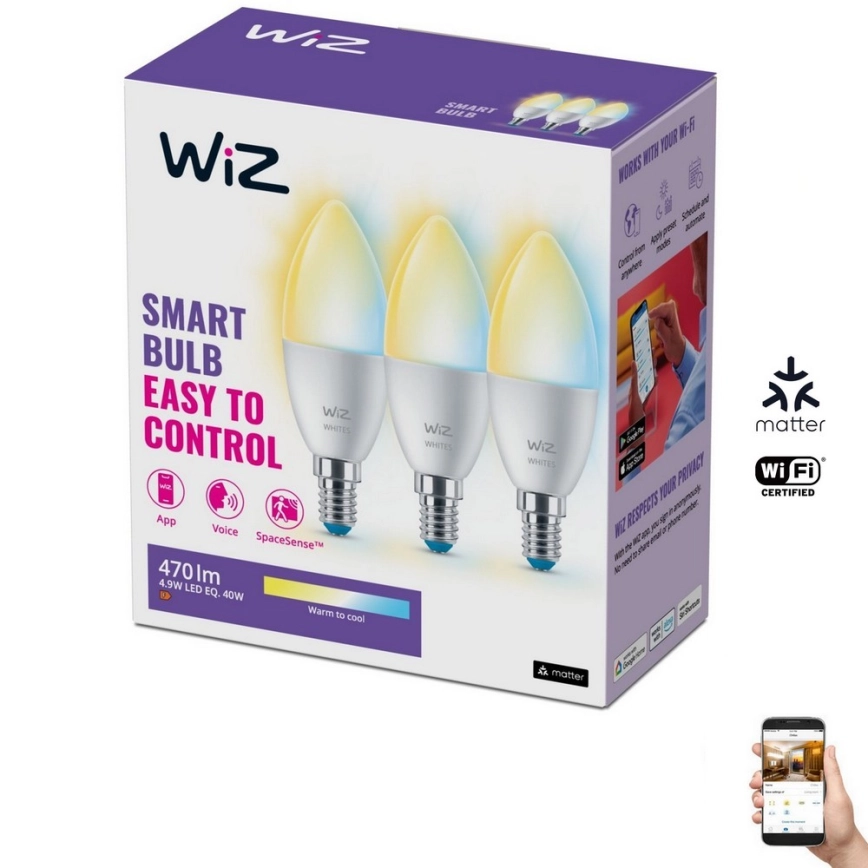 KIT 3x LED Ljusreglerad glödlampa C37 E14/4,9W/230V 2700-6500K CRI 90 Wi-Fi – WiZ