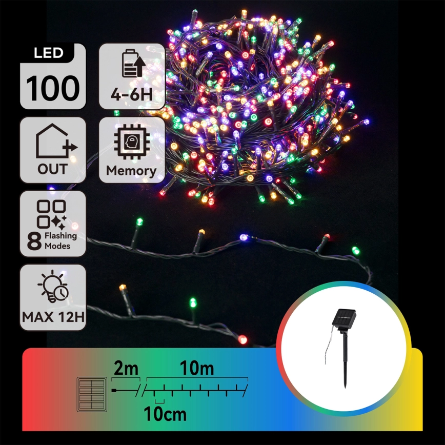 Aigostar – LED-slinga med solcellsdrift, 100 LED / 8 funktioner, 12 m, IP65, flerfärgad, 800 mAh
