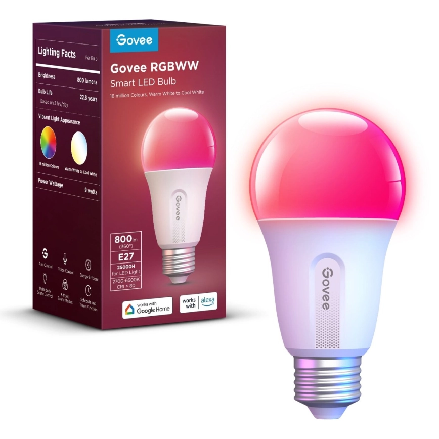 Govee – LED RGBWW Ljusreglerad glödlampa Smart E27/9W/230V 2700-6500K Wi-Fi