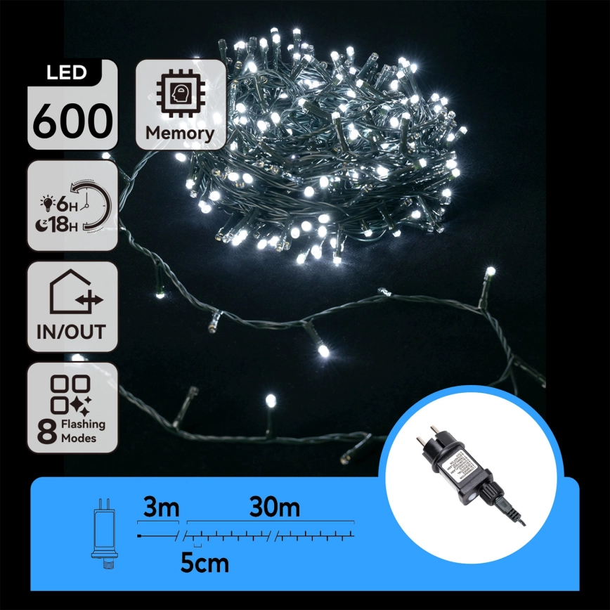 Aigostar – LED utomhusslinga 600 LED, 8 ljuslägen, 33 m, IP44, kallvit
