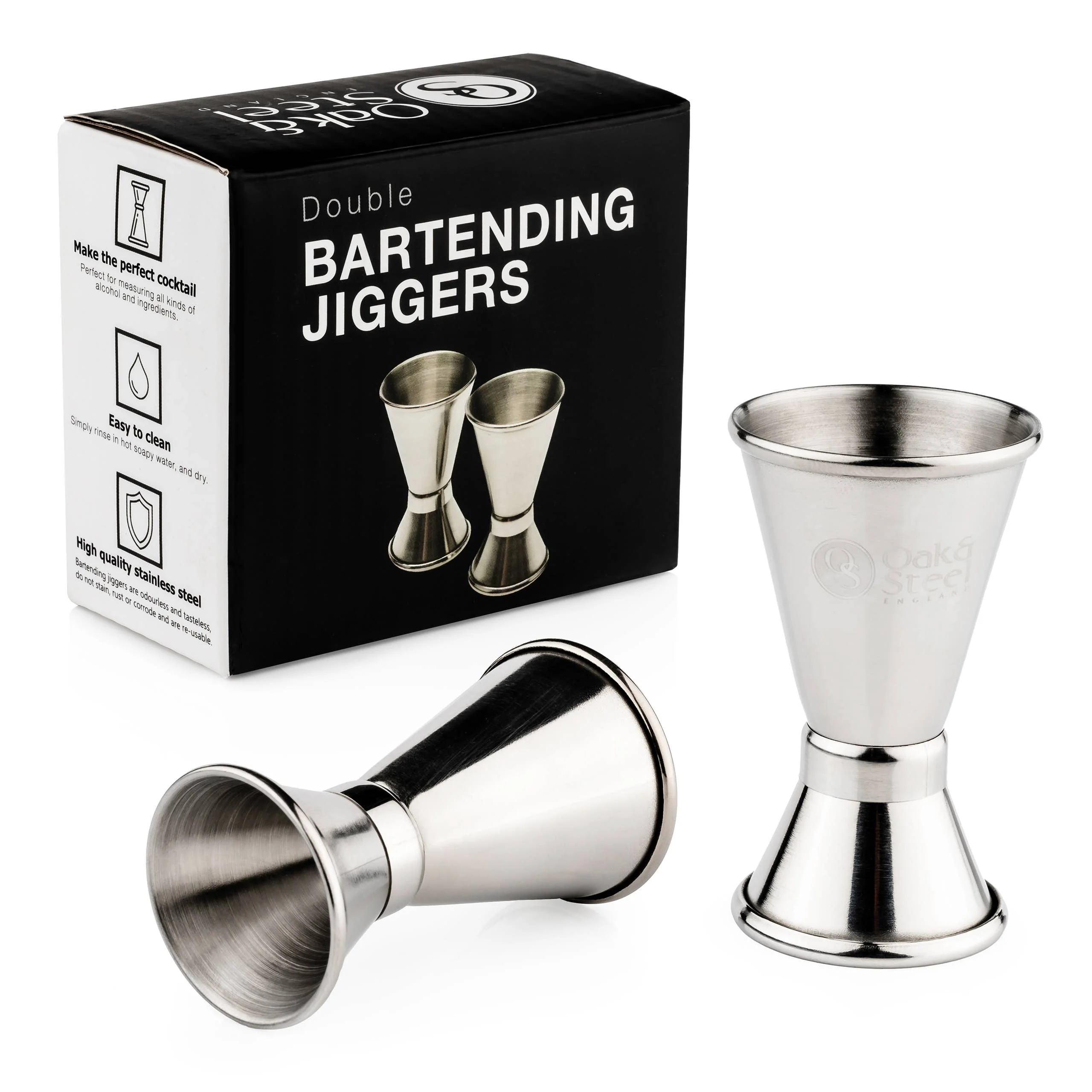 Oak & Steel – 2 Premium rostfritt stål dubbeljiggers – 15/30 ml