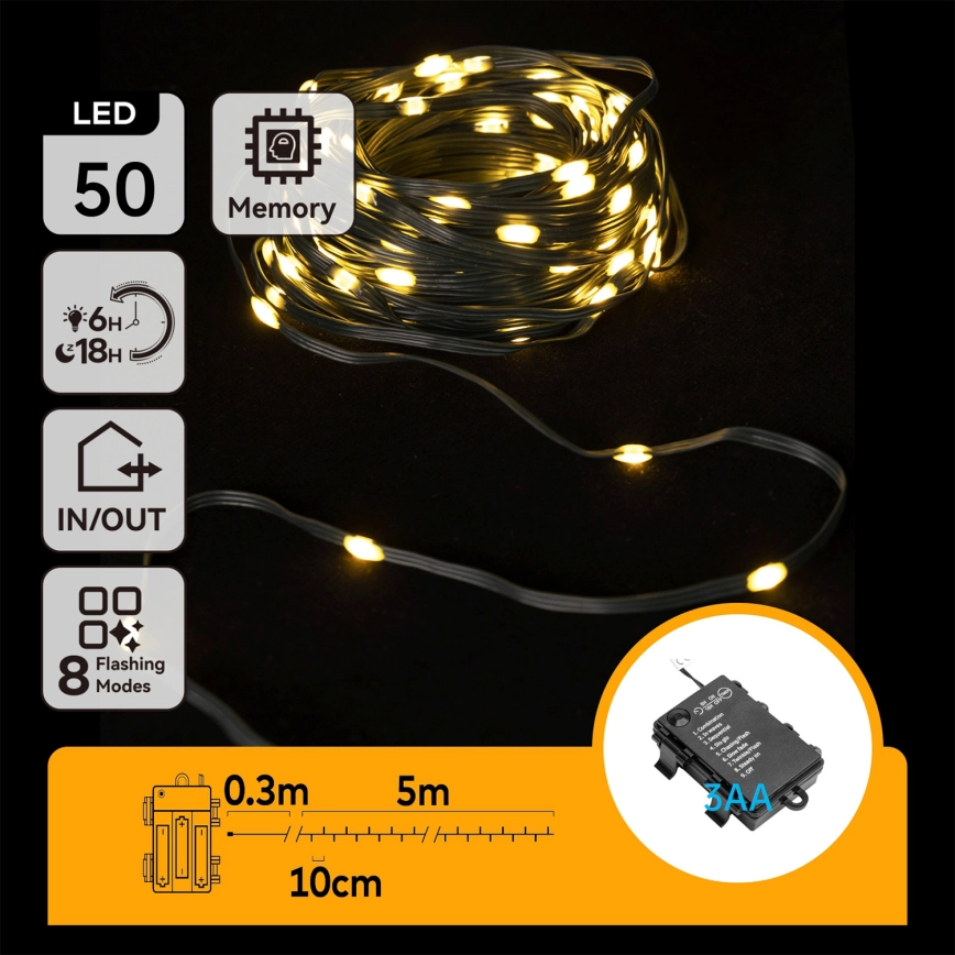 Aigostar – LED utomhusslinga 50xLED/8 funktioner 3xAA 5,3m IP44 varmvit