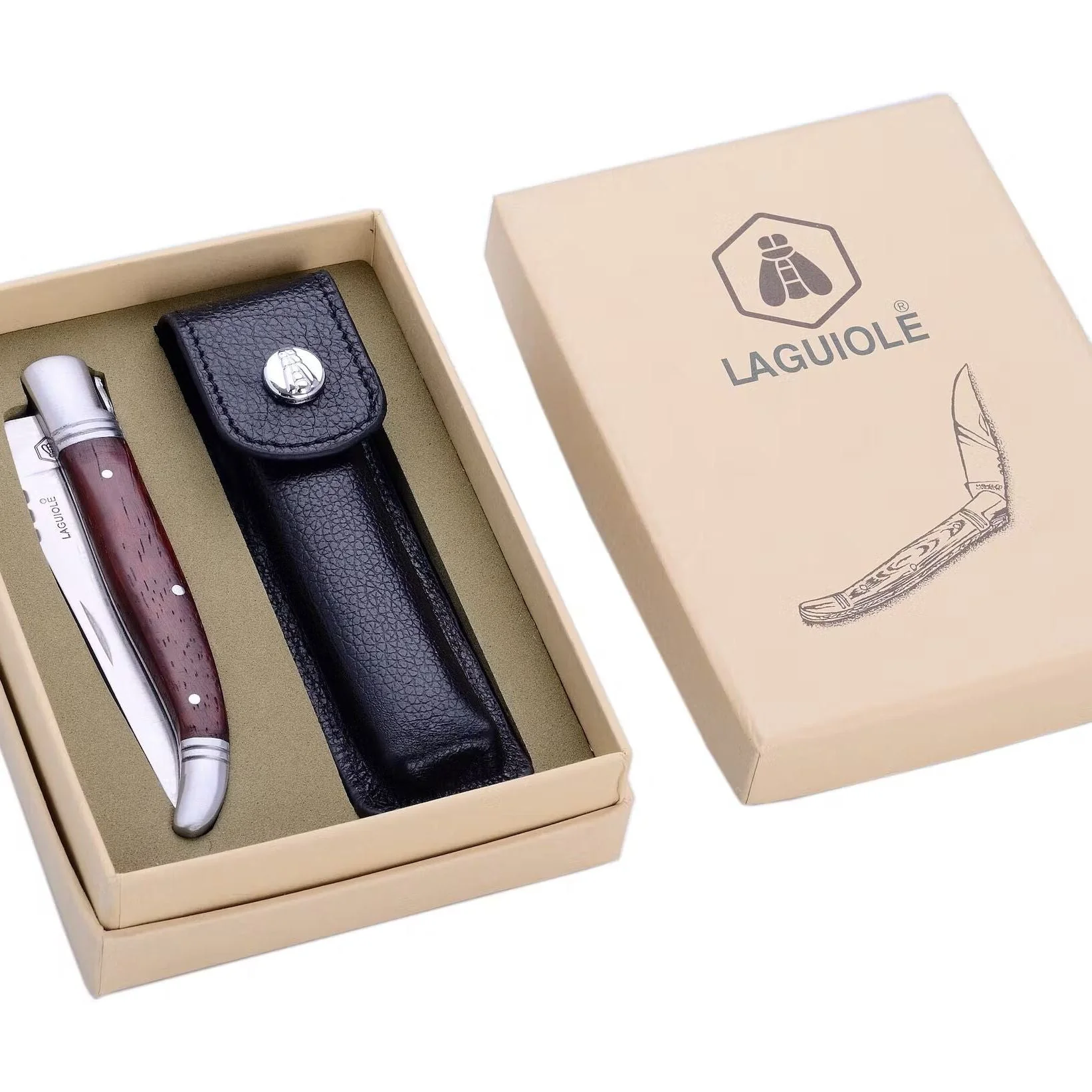 Laguiole fickkniv i svart läderfodral