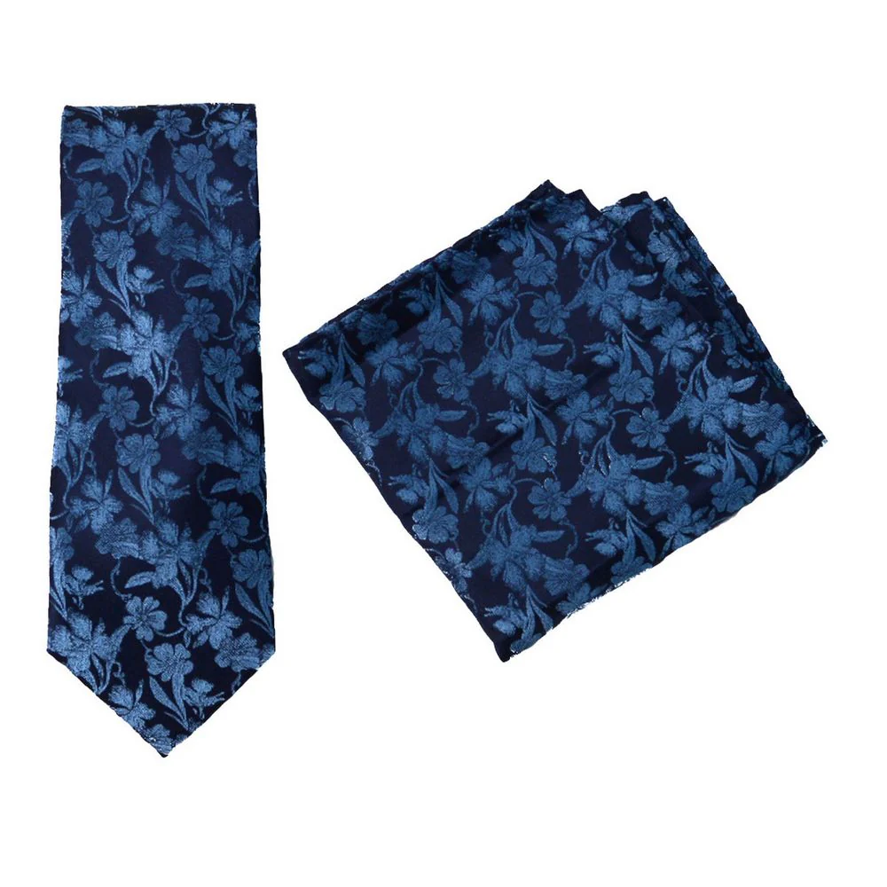 Blåtonad blomslips + dekorativ fickruta