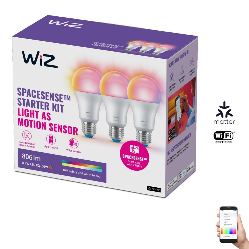 KIT 3x LED RGBW dimbar lampa A60 E27/8,8W/230V 2200-6500K Wi-Fi – WiZ