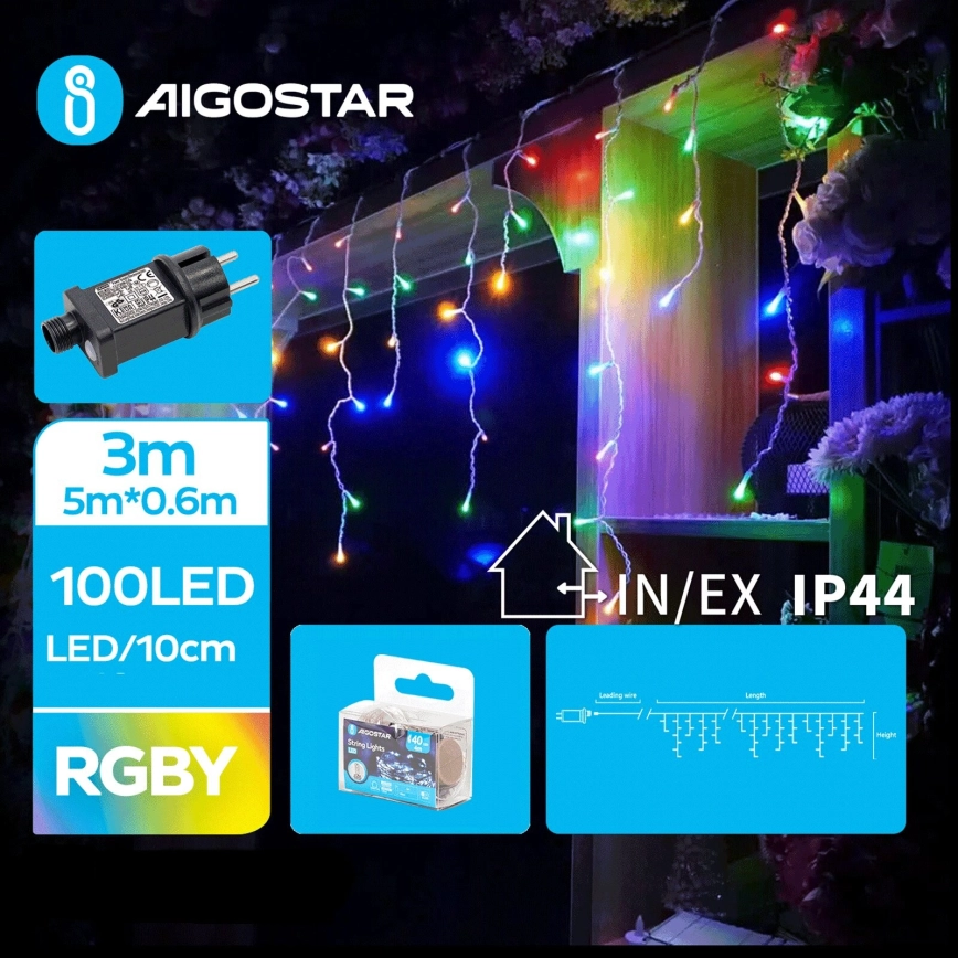 Aigostar – LED-ljusslinga för utomhusbruk, 100 LED, 8 funktioner, 8 x 0,6 m, IP44, flerfärgad