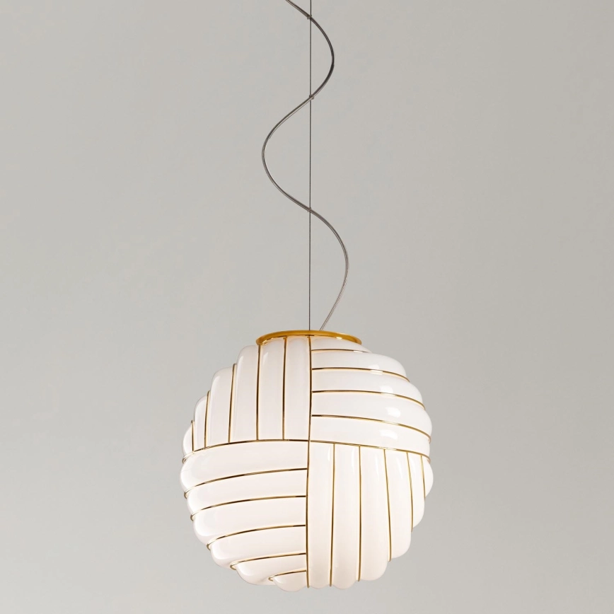 SIRU – Ljuskrona med textilsladd CARTESIO 1xE27/60W/230V guld/vit Venetiansk glas
