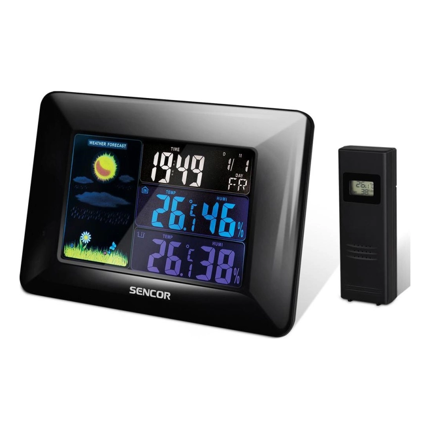 Sencor – Väderstation med LCD-skärm i färg och väckarklocka 3xAAA + 2xAA svart