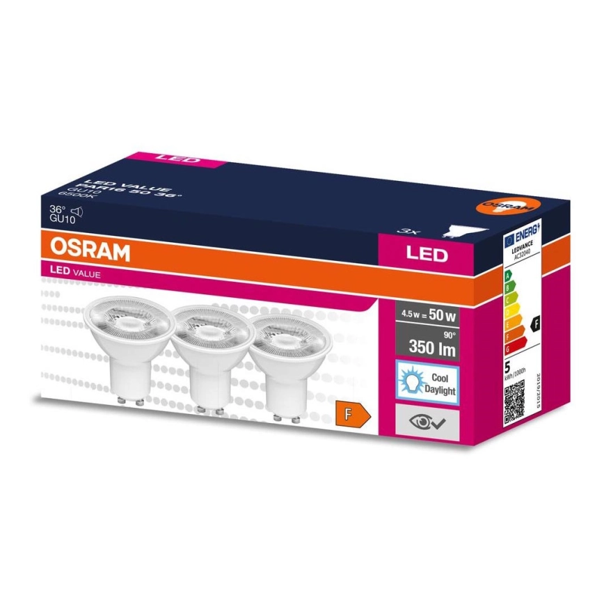 KIT 3x LED glödlampa PAR16 GU10/4,5W/230V 6500K 36° – Osram