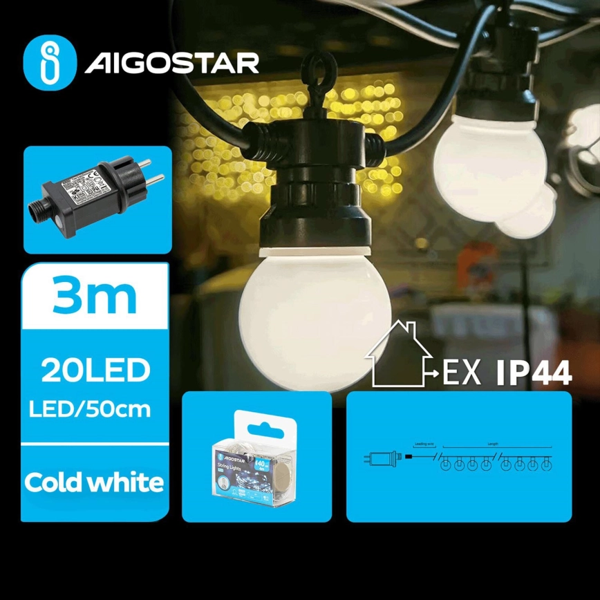 Aigostar – LED dekorerande utomhusslinga 20xLED/3m IP44 kallvit