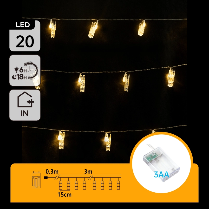 Aigostar – LED ljusslinga med klädnypor 20xLED/3xAA 3,3m varmvit
