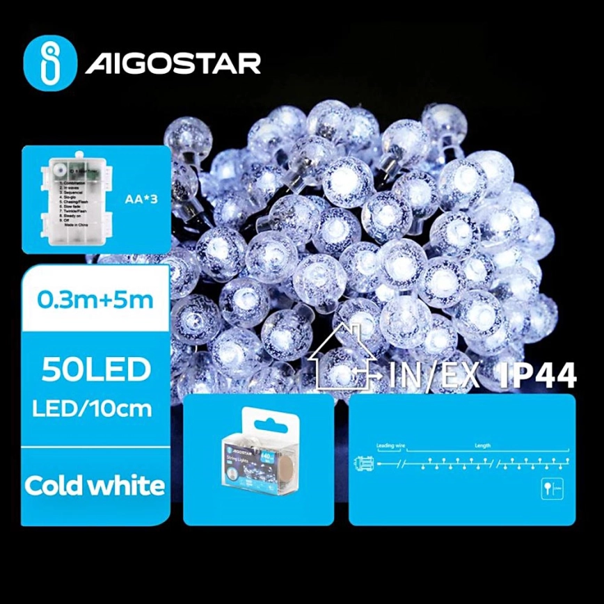 Aigostar – LED utomhusslinga 50xLED/3xAA/8 funktioner 5,3 m IP44 kallvit