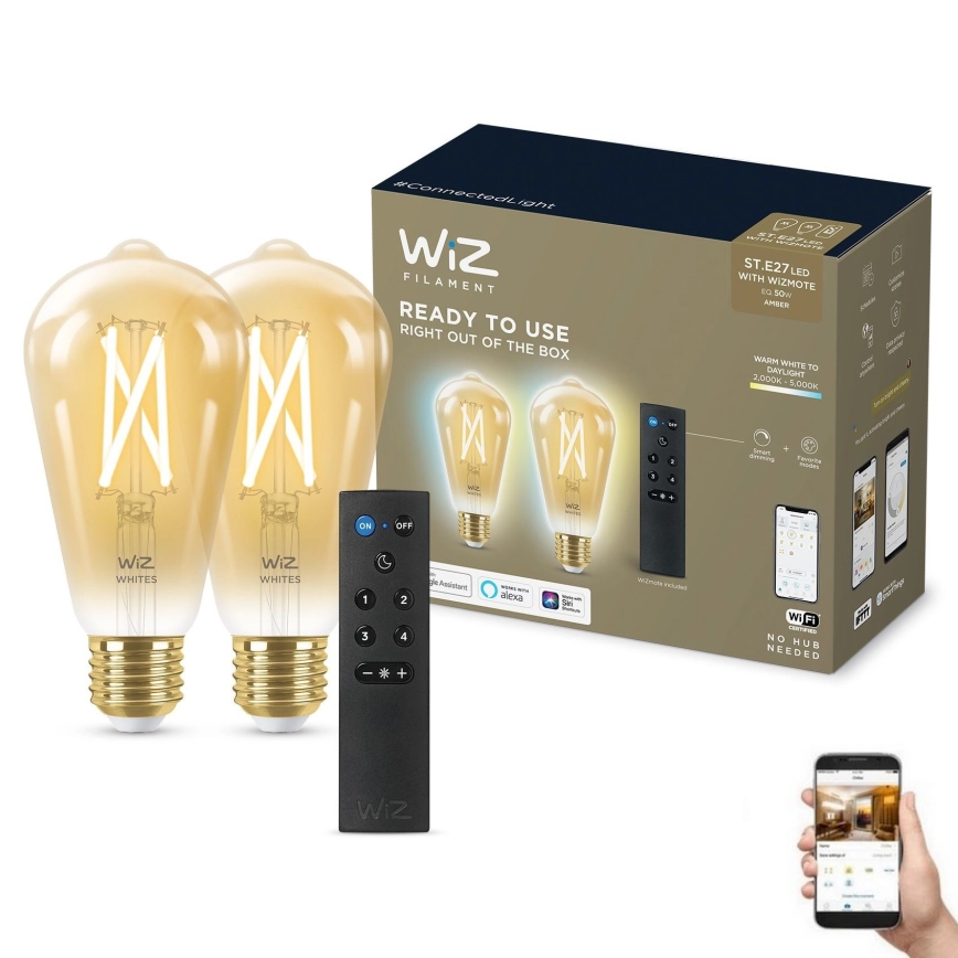 KIT 2x LED Ljusreglerad glödlampa ST64 E27/7W/230V 2000-5000K CRI 90 Wi-Fi + fjärrkontroll – WiZ